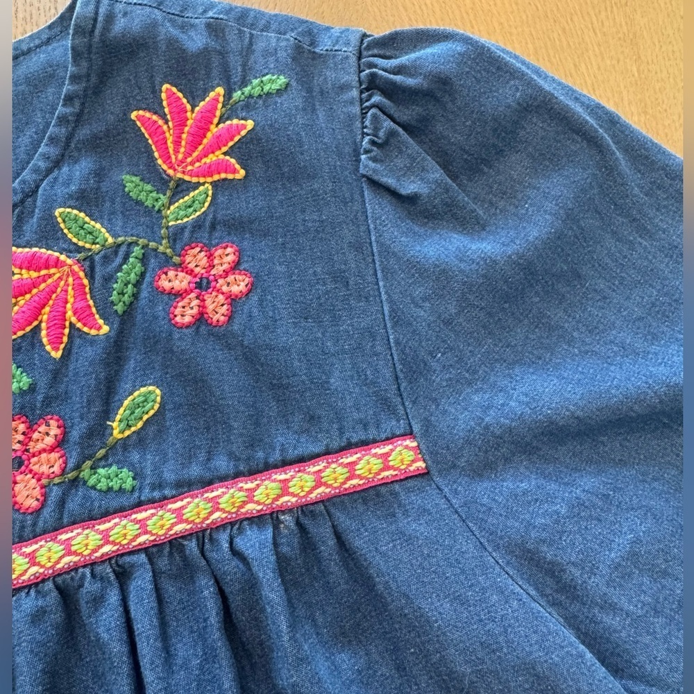 Go Softly Patio Denim House Dress Floral Embroidery Sz L full zip Cottage-core - Picture 8 of 9